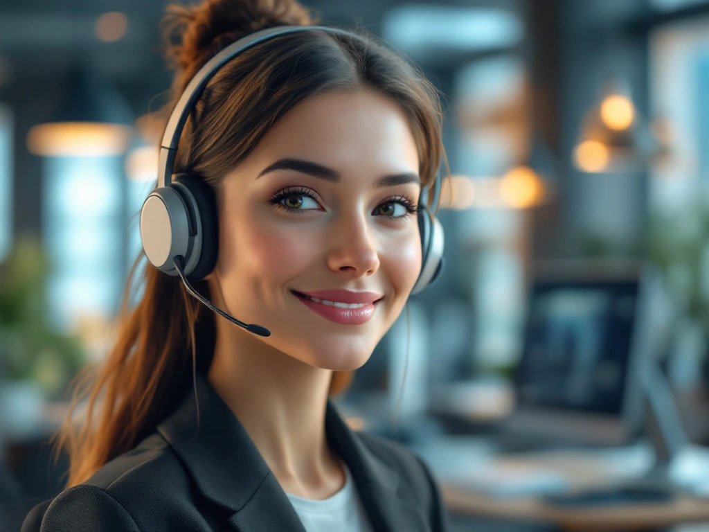 A lifelike avatar in a modern call center, wearing stylish headphones, with a friendly smile in a calm, high-tech office setting.