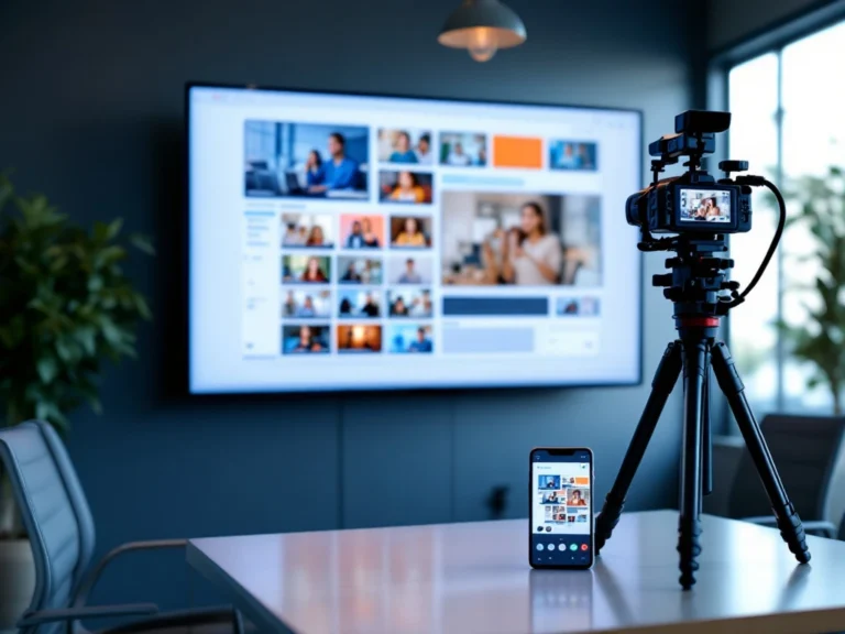 Moderne vergaderruimte met videoschermen, dashboard voor interne communicatie, smartphone-integratie en professionele camera-opstelling in een lichte werkomgeving.