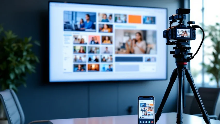 Moderne vergaderruimte met videoschermen, dashboard voor interne communicatie, smartphone-integratie en professionele camera-opstelling in een lichte werkomgeving.