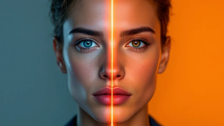 Vergelijking tussen basale en hoogwaardige AI-avatar voor professionele videocommunicatie, met blauw-oranje kleurenschema en diagonale scheiding.