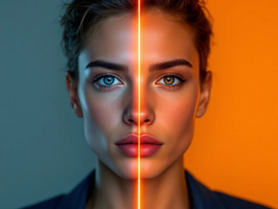 Vergelijking tussen basale en hoogwaardige AI-avatar voor professionele videocommunicatie, met blauw-oranje kleurenschema en diagonale scheiding.