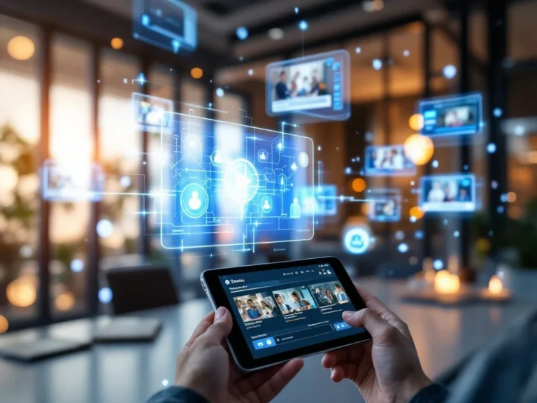 Modern kantoor met holografische videoschermen verbonden door blauwe datastromen, tablet toont video-interface