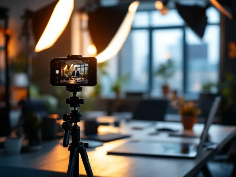 Smartphone op statief filmt professionele bedrijfsscène met studioverlichting en minimalistische bureauopstelling