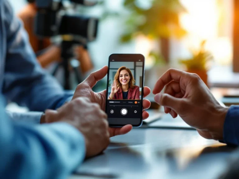 Diverse handen werken samen rond smartphone met video-opname interface op modern bureau met professionele verlichting