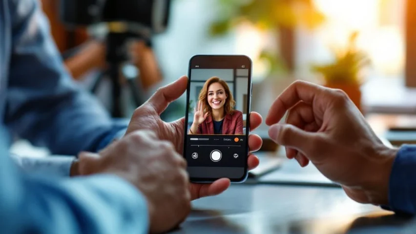 Diverse handen werken samen rond smartphone met video-opname interface op modern bureau met professionele verlichting
