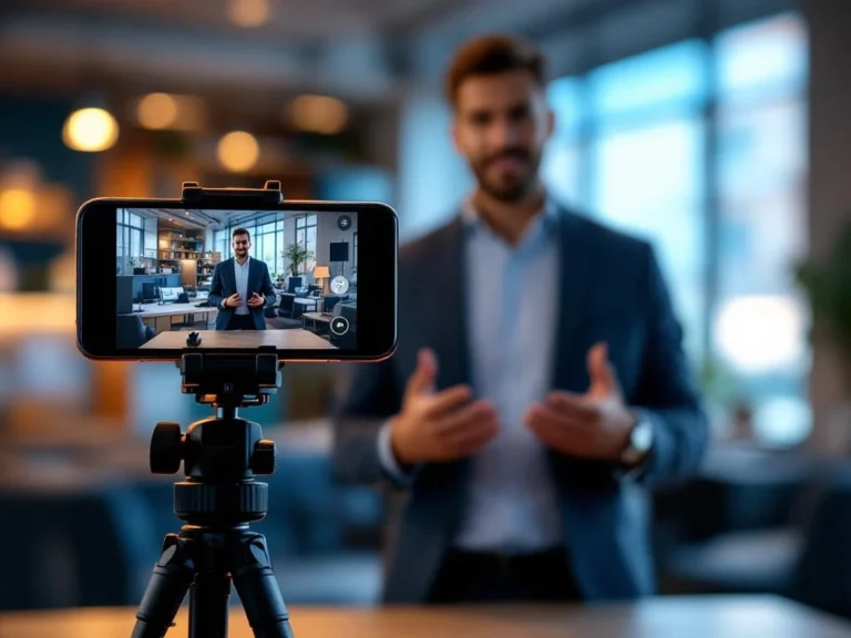 Zakenvrouw geeft presentatie voor smartphone op statief in modern kantoor voor video communicatietraining