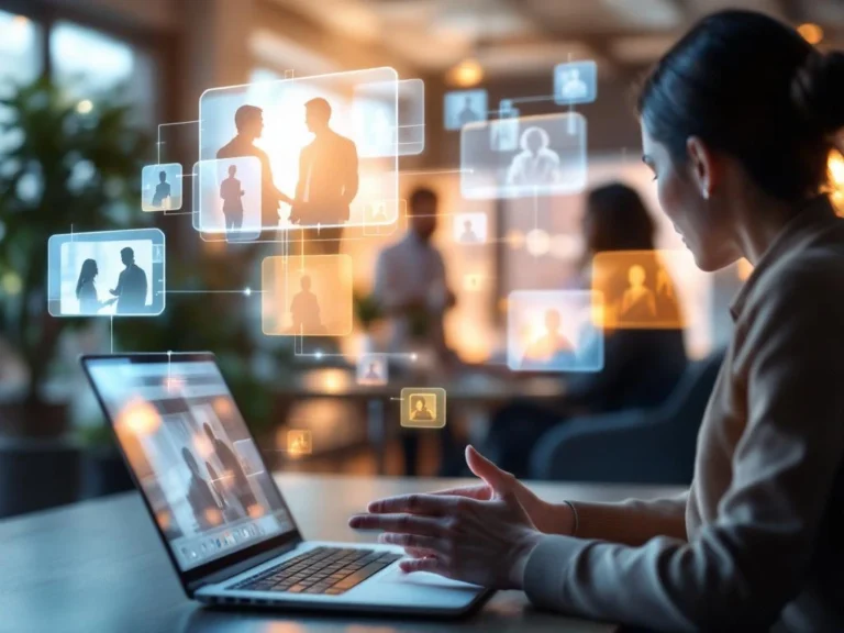 Moderne kantooromgeving met zwevende videogesprekschermen en handen die naar laptop wijzen in collaboratieve werkruimte