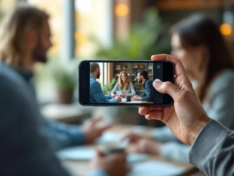 Handen houden smartphone vast om werkplekgesprek op te nemen in modern kantoor met collega's op achtergrond