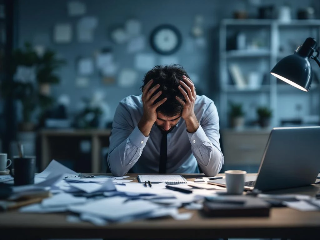 Gefrustreerde kantoormedewerker met hoofd in handen aan rommelig bureau met verspreide papieren en laptop