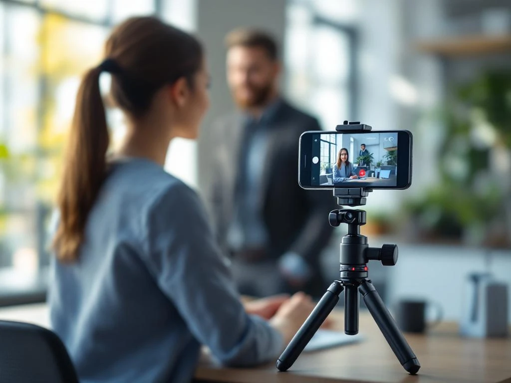 Professionele vrouw neemt video op met smartphone op statief in modern kantoor met natuurlijk licht